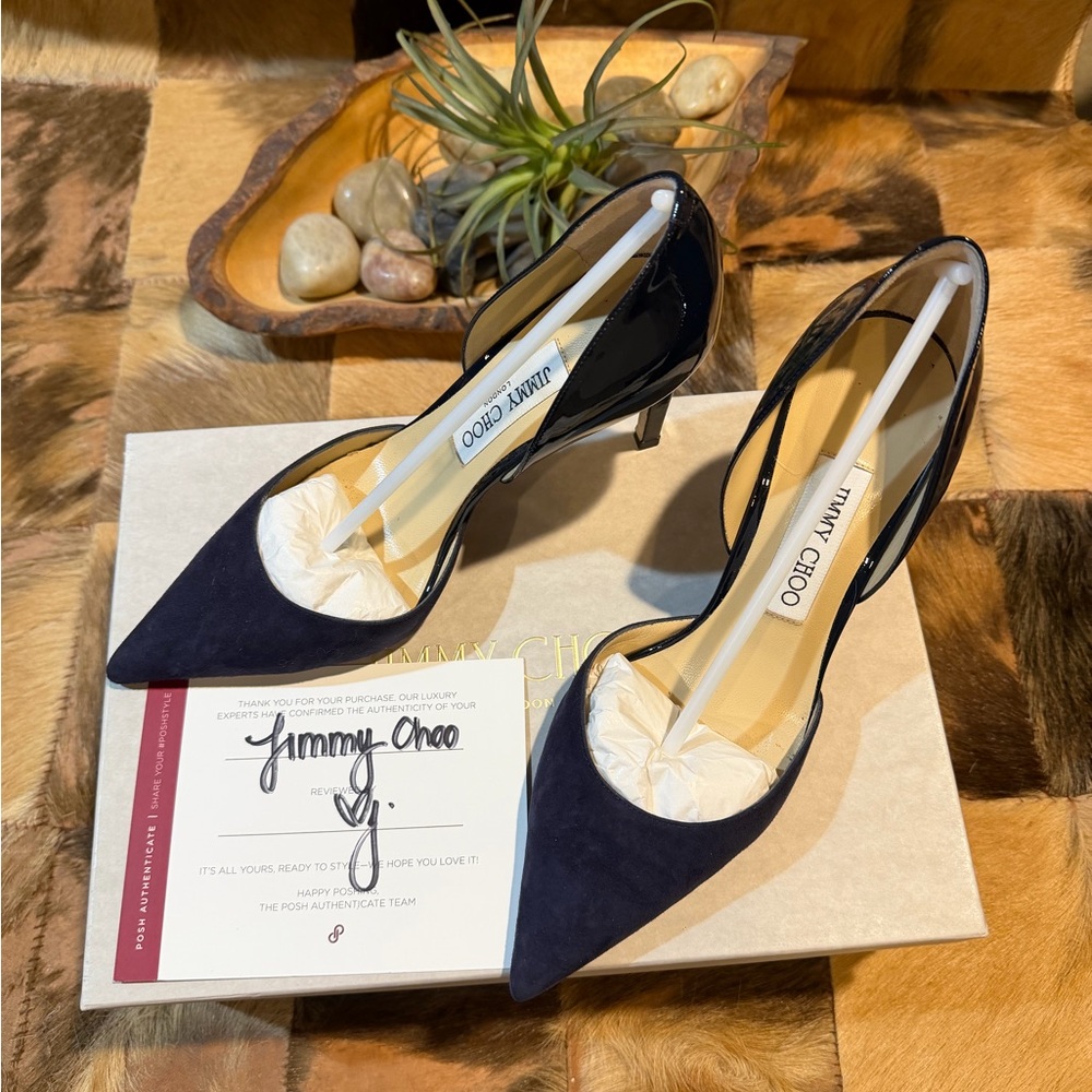 JIMMY CHOO Darylin 85 Navy Leather Pumps